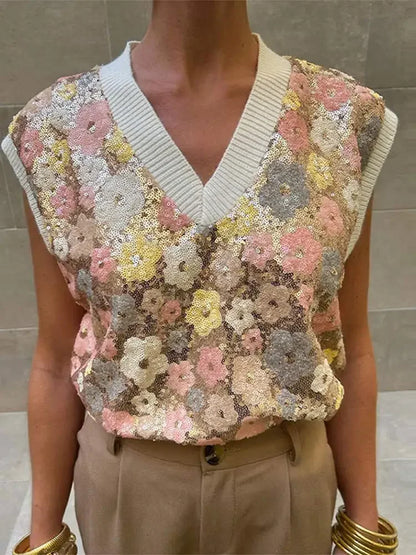 Maglione Gilet a Fiori e Paillettes