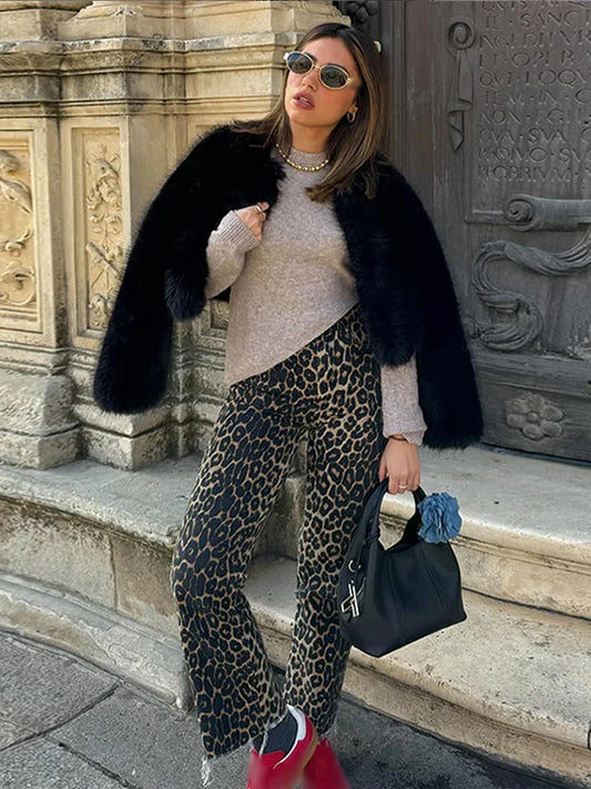 Pantaloni Lunghi a Vita Alta Leopardata Retrò