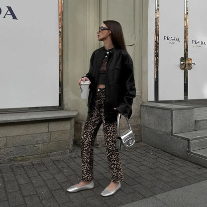 Pantaloni Lunghi a Vita Alta Leopardata Retrò