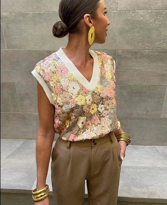 Maglione Gilet a Fiori e Paillettes